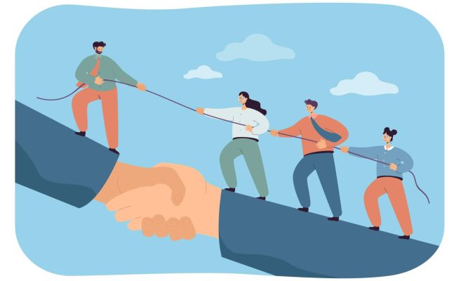 Organizational growth mindset Business team climbing giant handshake with support of leader